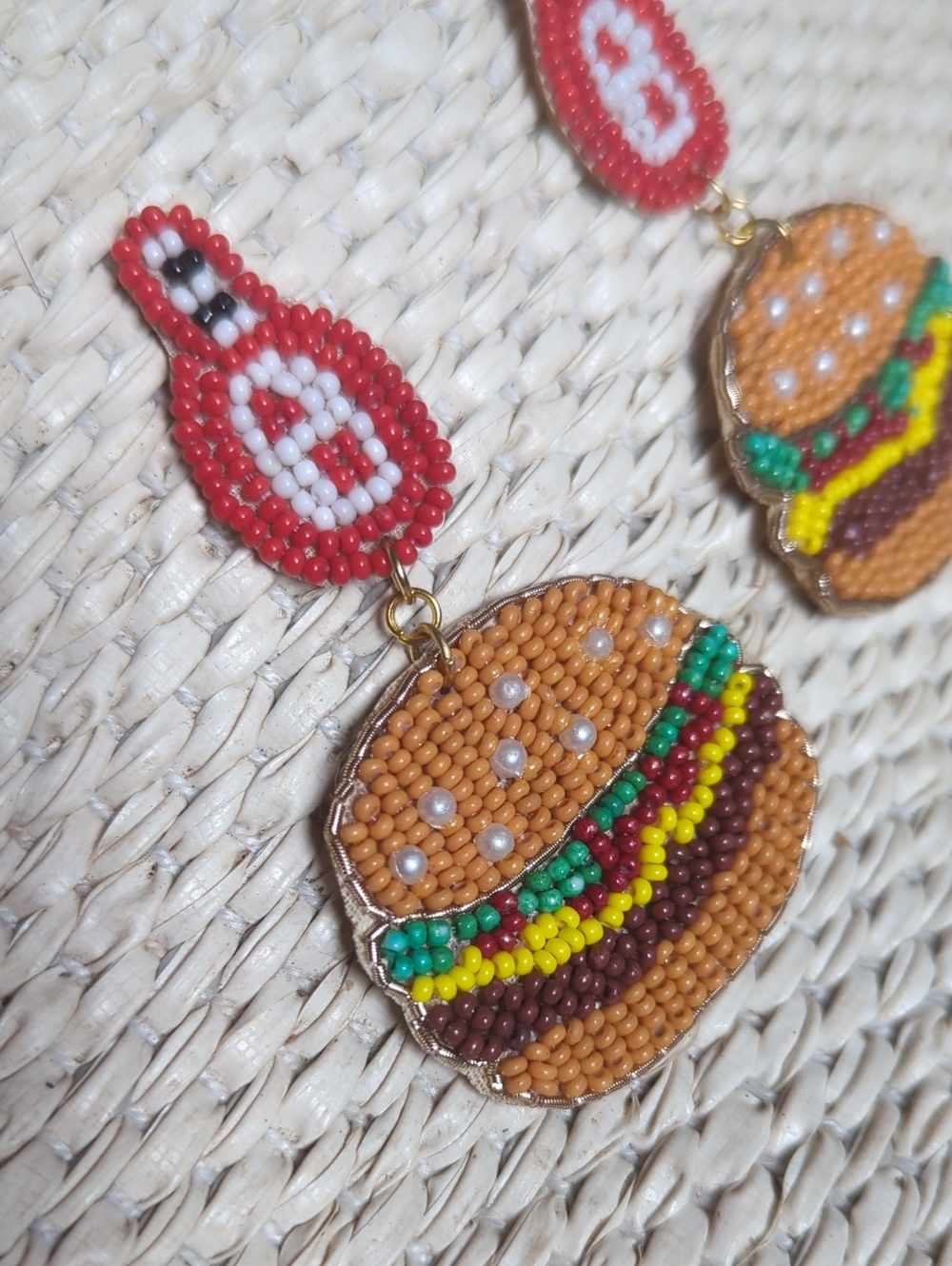 Beaded Burger Earrings, Two Pins Pizza And Burger